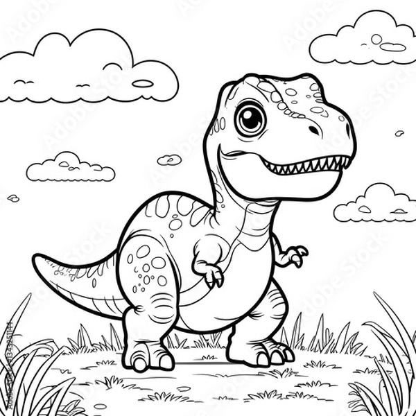 Obraz Discover the fun and adorable world of dinosaurs with this Kawaii T. Rex Coloring Page! This cute baby Tyrannosaurus Rex is designed in a simple, bold-outlined style, making it perfect for kids, toddl