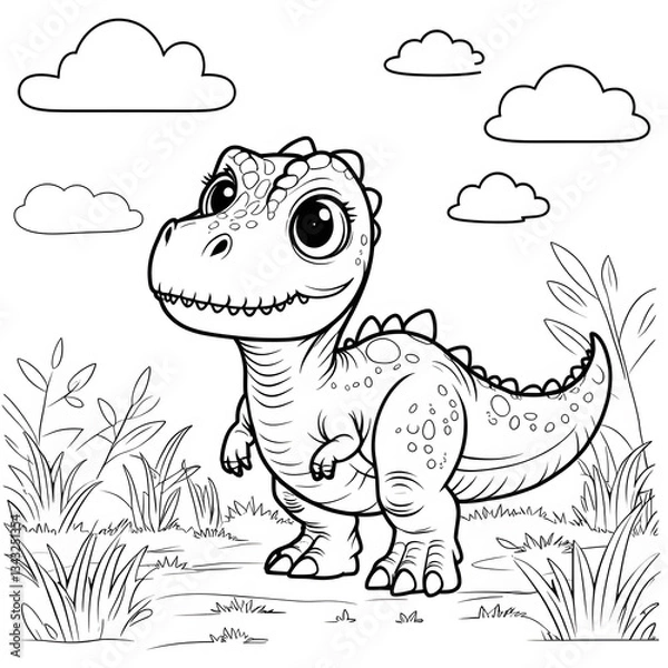 Obraz Discover the fun and adorable world of dinosaurs with this Kawaii T. Rex Coloring Page! This cute baby Tyrannosaurus Rex is designed in a simple, bold-outlined style, making it perfect for kids, toddl