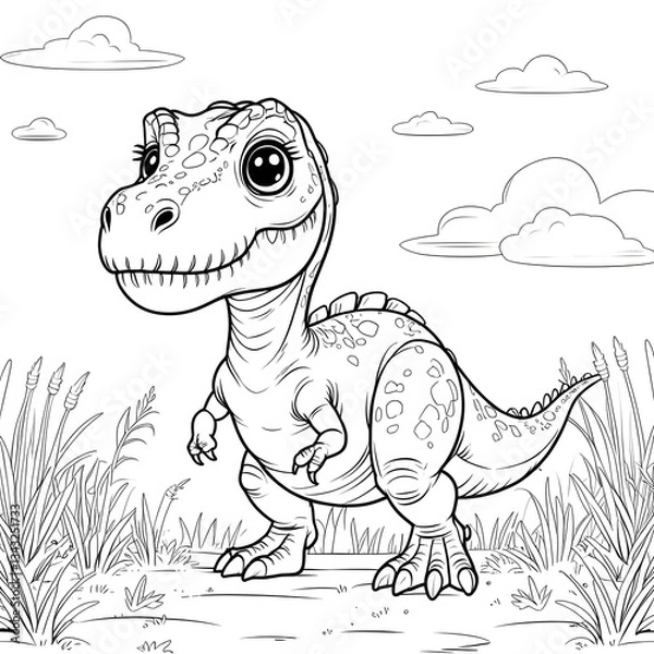 Obraz Discover the fun and adorable world of dinosaurs with this Kawaii T. Rex Coloring Page! This cute baby Tyrannosaurus Rex is designed in a simple, bold-outlined style, making it perfect for kids, toddl