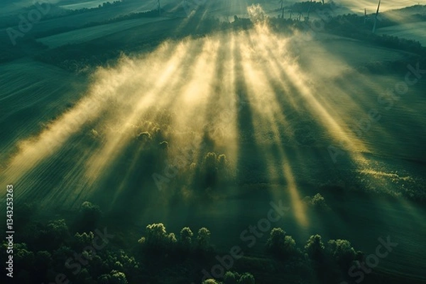 Fototapeta Aerial image of sunlight piercing through morning fog over landscape