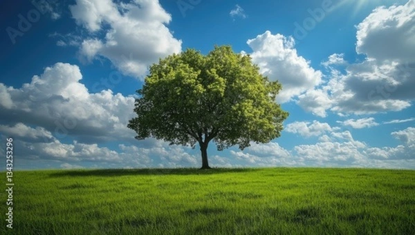 Fototapeta Green tree in field under blue sky