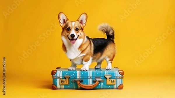 Obraz Corgi posing on colorful suitcase against a bright yellow background in a playful scene