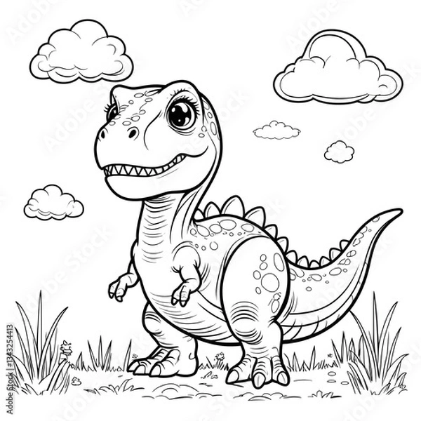 Obraz Discover the fun and adorable world of dinosaurs with this Kawaii T. Rex Coloring Page! This cute baby Tyrannosaurus Rex is designed in a simple, bold-outlined style, making it perfect for kids, toddl