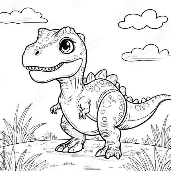 Obraz Discover the fun and adorable world of dinosaurs with this Kawaii T. Rex Coloring Page! This cute baby Tyrannosaurus Rex is designed in a simple, bold-outlined style, making it perfect for kids, toddl