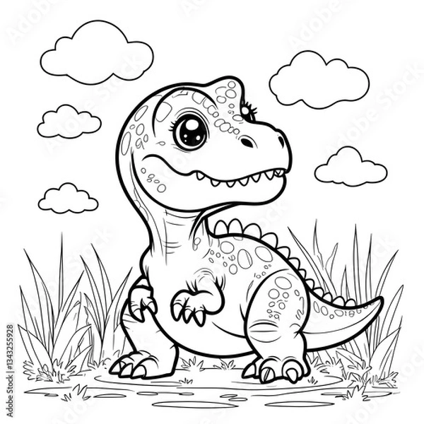 Obraz Discover the fun and adorable world of dinosaurs with this Kawaii T. Rex Coloring Page! This cute baby Tyrannosaurus Rex is designed in a simple, bold-outlined style, making it perfect for kids, toddl