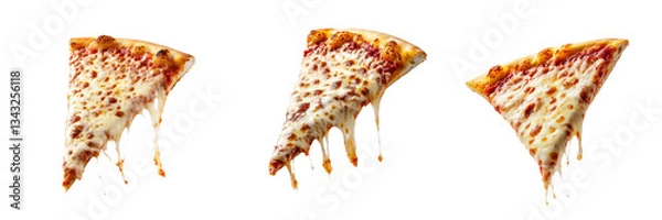 Fototapeta A Set of Freshly Baked Pizza Slice Drifting in Mid-Air with Melted Cheese Stretching Isolated on Transparent Background