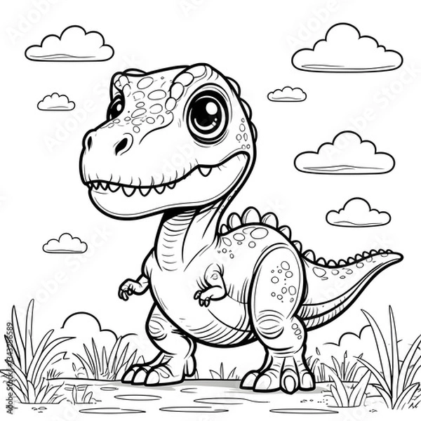 Obraz Discover the fun and adorable world of dinosaurs with this Kawaii T. Rex Coloring Page! This cute baby Tyrannosaurus Rex is designed in a simple, bold-outlined style, making it perfect for kids, toddl