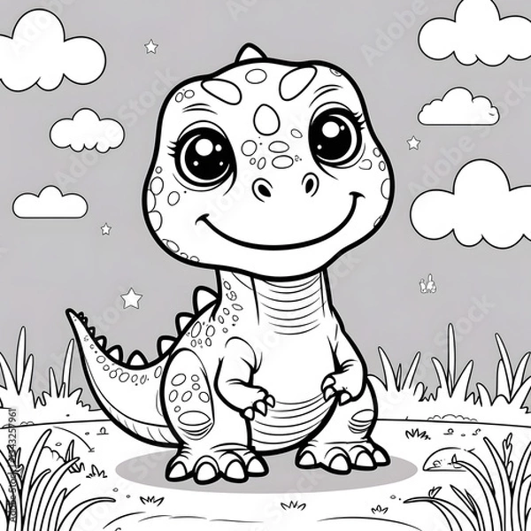 Obraz Discover the fun and adorable world of dinosaurs with this Kawaii T. Rex Coloring Page! This cute baby Tyrannosaurus Rex is designed in a simple, bold-outlined style, making it perfect for kids, toddl