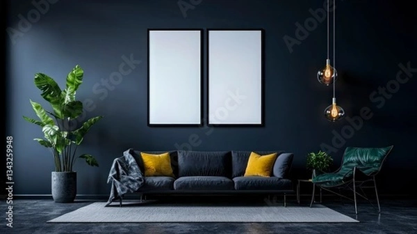 Obraz Modern Dark Living Room Interior Design Mockup with Empty Frames