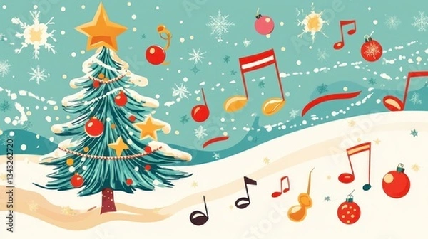 Fototapeta Festive Christmas tree with musical notes and ornaments on snowy background.