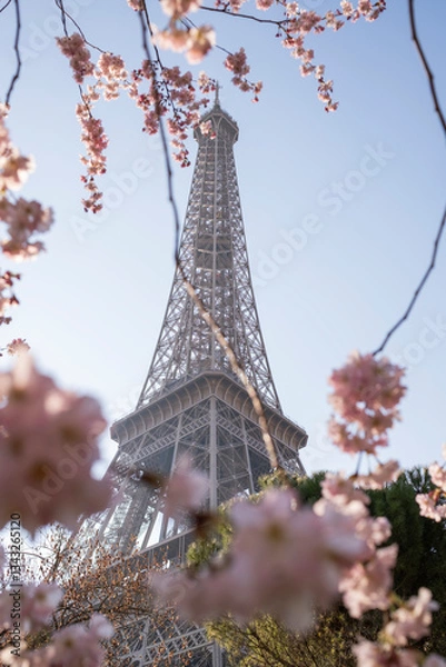 Fototapeta Beautiful view of the Eiffel Tower with cherry blossoms