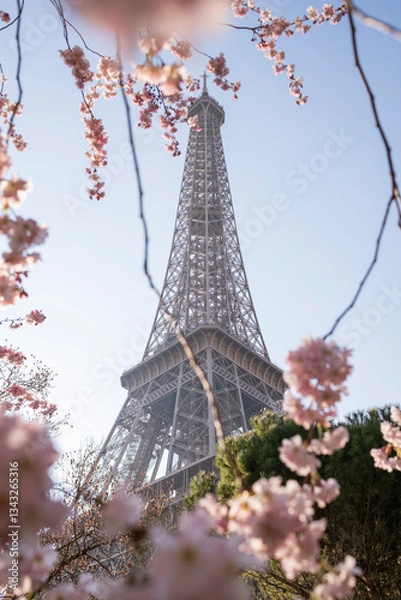 Fototapeta Beautiful view of the Eiffel Tower with cherry blossoms