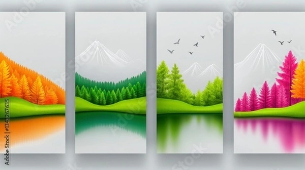 Fototapeta Colorful Seasonal Landscape Artwork with Trees and Mountains Reflection