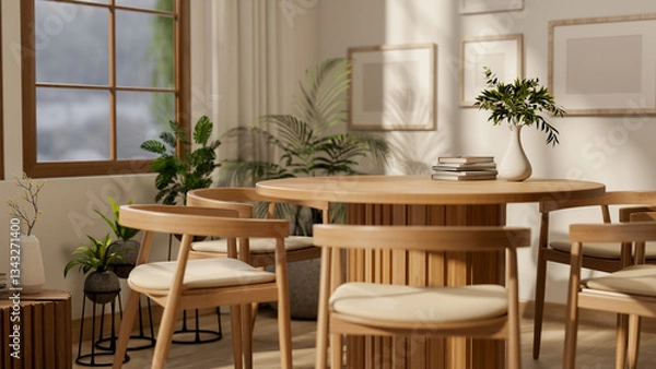 Fototapeta Set of wooden table and armchairs near window with bright natural light. Cosy library or study room