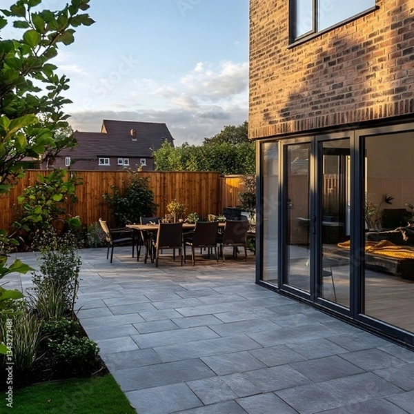 Fototapeta A modern patio area with a large dining table and chairs. The patio is paved with light grey stone, and leads to large glass doors opening into a modern brick house.