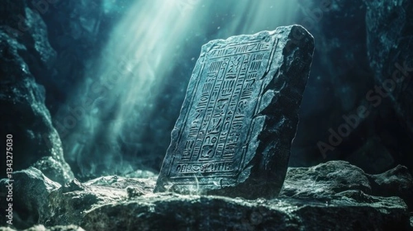 Fototapeta Ancient stone tablet with inscriptions underwater, mystical light.