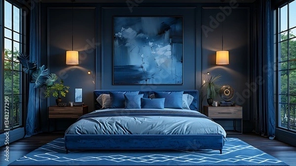 Fototapeta A Modern Bedroom with a Stylish Blue Theme, Featuring a Plush Gray Bed, Abstract Wall Art, Elegant Nightstands with Sleek Metal Lamps, a Cozy Area Rug, and Floor-to-Ceiling Windows for Natural Light