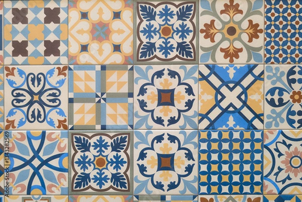 Fototapeta Floral wall mosaic colorful square portuguese tiles pattern azulejo design decor floor background