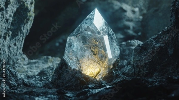 Fototapeta Glowing crystal in dark cave.