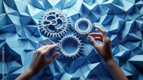 Fototapeta Hands adjusting interconnected gears on a blue geometric background.