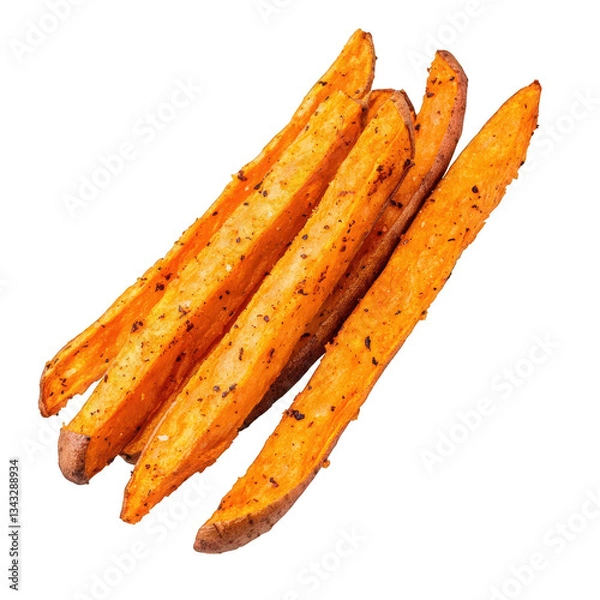 Obraz Crispy sweet potato fries with a vibrant orange color and seasoned surface, showcasing a delicious and appealing texture, Transparent background.