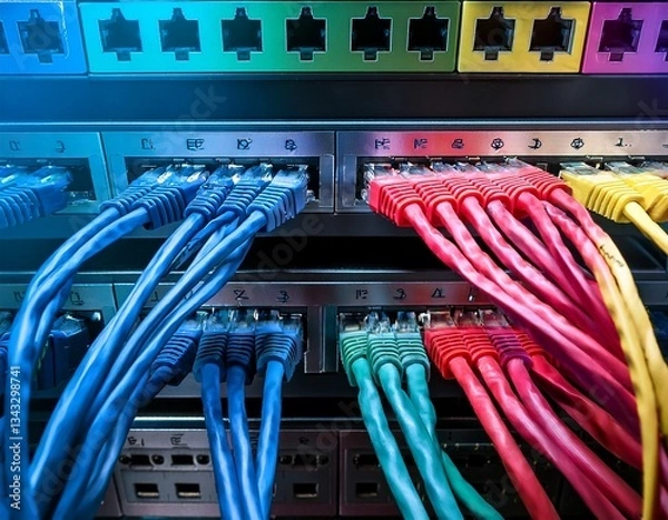 Fototapeta close up of colorful ethernet cables connected to a network switch emphasizing technology and connectivity