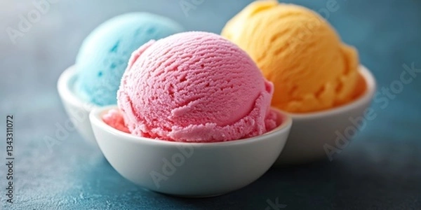 Fototapeta Three vibrant scoops of flavored ice cream in white bowls against a textured teal background