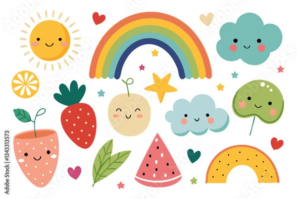 Fototapeta Adorable hand-drawn vector collection for nursery decoration, featuring cute rainbows, fruits, and bunting
