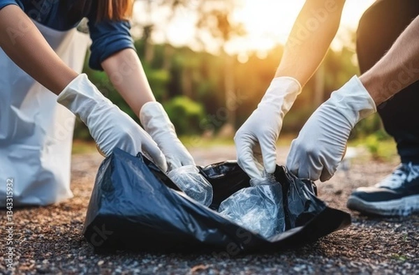 Fototapeta People cleaning the environment and picking up litter on the ground