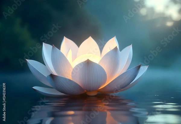 Fototapeta Luminous white lotus flower floats serenely on calm water, emitting a warm glow from within