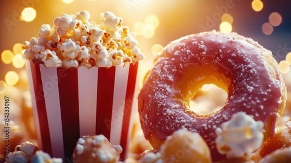 Fototapeta Popcorn and donut on bokeh background.