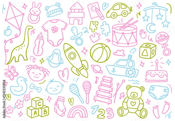 Fototapeta Colorful doodle illustration with baby toys and childhood elements. Vector illustrations on a white background. Perfect for kids products, coloring pages, and nursery designs.