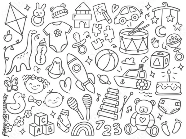 Fototapeta Black and white doodle illustration with baby toys and childhood elements. Vector illustrations on a white background. Perfect for kids products, coloring pages, and nursery designs.