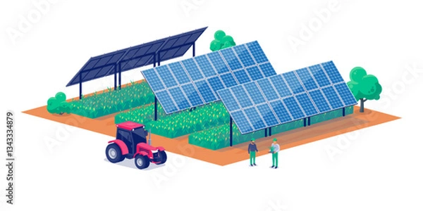 Fototapeta Modern farmland using agrivoltaics tracker solar panel system. Crops, corn, grains, potatoes and vegetables production together with electricity. Sunshine protection. Effective sustainable farming.