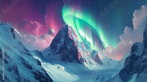 Fototapeta 雪山を照らすオーロラと宇宙の神秘