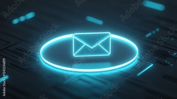Fototapeta Glowing Blue Neon Email Icon on Modern Digital Background for Communication and Messaging Concept