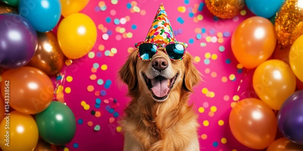 Fototapeta Party animal! Colorful photo of funny, happy golden retriever dog on pink fuchsia background. Balloons, confetti, happy mood. Birthday or New Year  celebration banner	