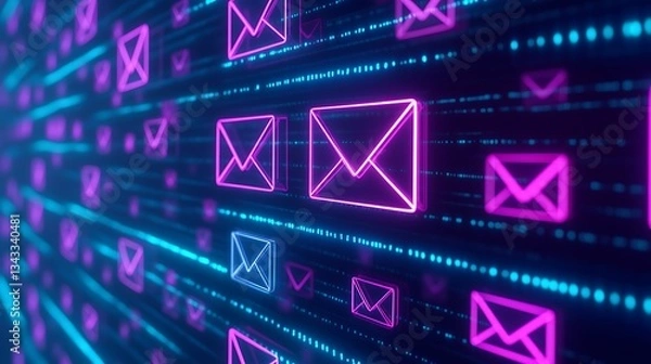 Fototapeta Neon Email Icon Background with Digital Patterns and Bright Colors for Communication Technology Themes