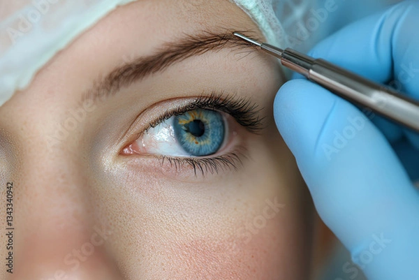 Fototapeta a close-up view of an eye with a tool examining eyebrow. The blue eyes stands out against the fair skin