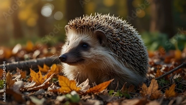 Fototapeta A lovely fall scene serves as the background for a charming hedgehog sitting amid leaves.  Banner, text location