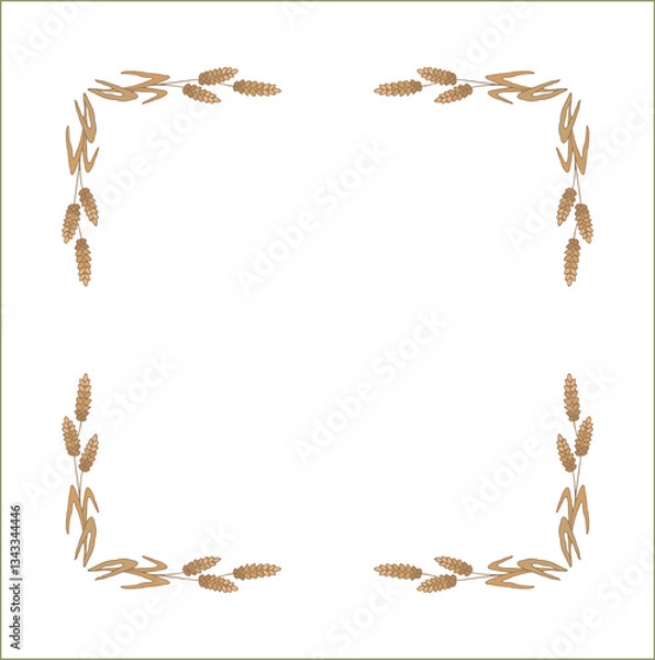 Fototapeta Elegant brown ornamental frame with cereal spikelets, wheat ears, decorative border, corners for greeting cards, banners, business cards, invitations, menus. Isolated vector illustration.	
