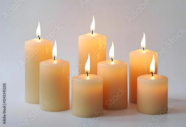 Fototapeta A serene and peaceful arrangement of candles in varying sizes, creating a warm, inviting atmosphere with soft, flickering flames.