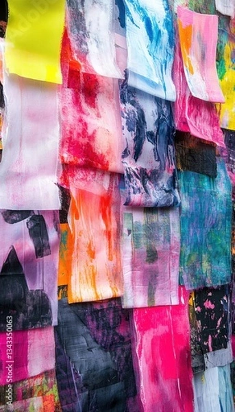 Fototapeta Vibrant abstract textile artwork.  A colorful patchwork of painted fabric pieces creates a dynamic visual texture.