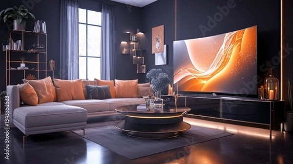Fototapeta Modern Luxury Living Room Interior Design  Curved TV  Sofa  Decor