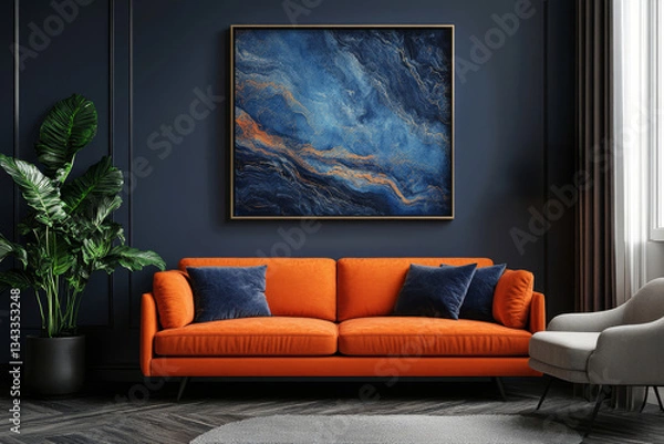 Fototapeta an abstract painting hanging above a modern orange couch in a living room, featuring a cozy atmosphere