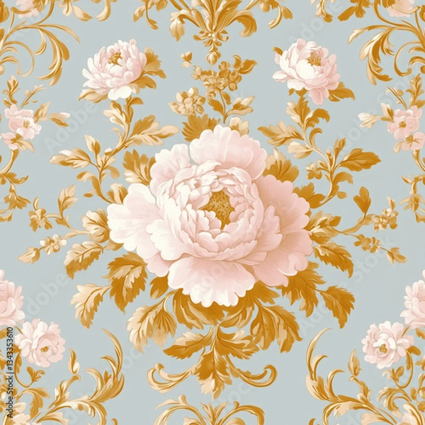 Fototapeta Clipart-style rococo floral pattern wallpaper, with a light blue and gold color palette, featuring an elegant Victorian design with pink flowers and ornate golden designs