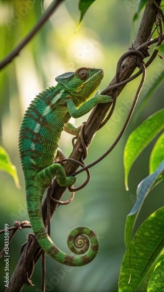 Fototapeta Lively chameleon climbing on a branch in a lush tropical forest wildlife photography close-up view nature concept