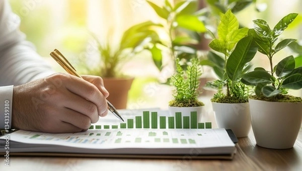 Fototapeta Businessman using a pen and notebook to write on a financial chart with green plants, representing the growth of a business concept. 