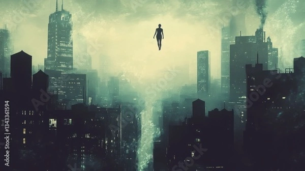 Fototapeta Surreal cityscape with a floating figure.