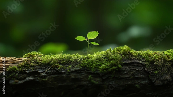 Fototapeta 倒木の上に芽吹く小さな新芽と森の生命循環